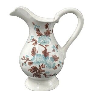 Large Blue and Brown Ceramic Floral Pitcher made in Italy 11.25" Tall